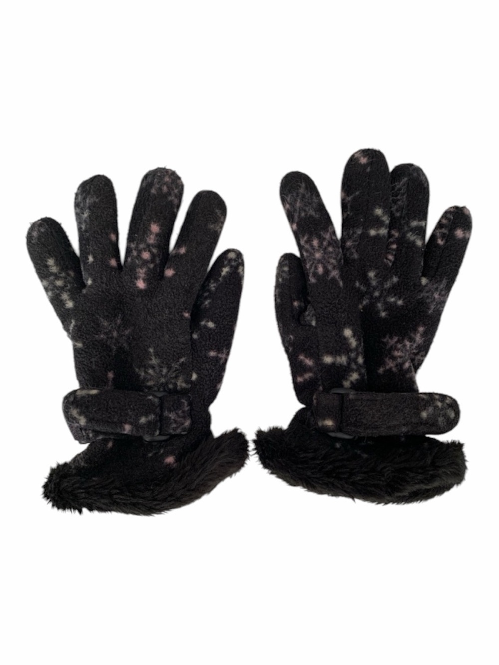 Faded Glory Fleece Faux Fur Gloves Girls L Black Pink White Adjustable Snowflake